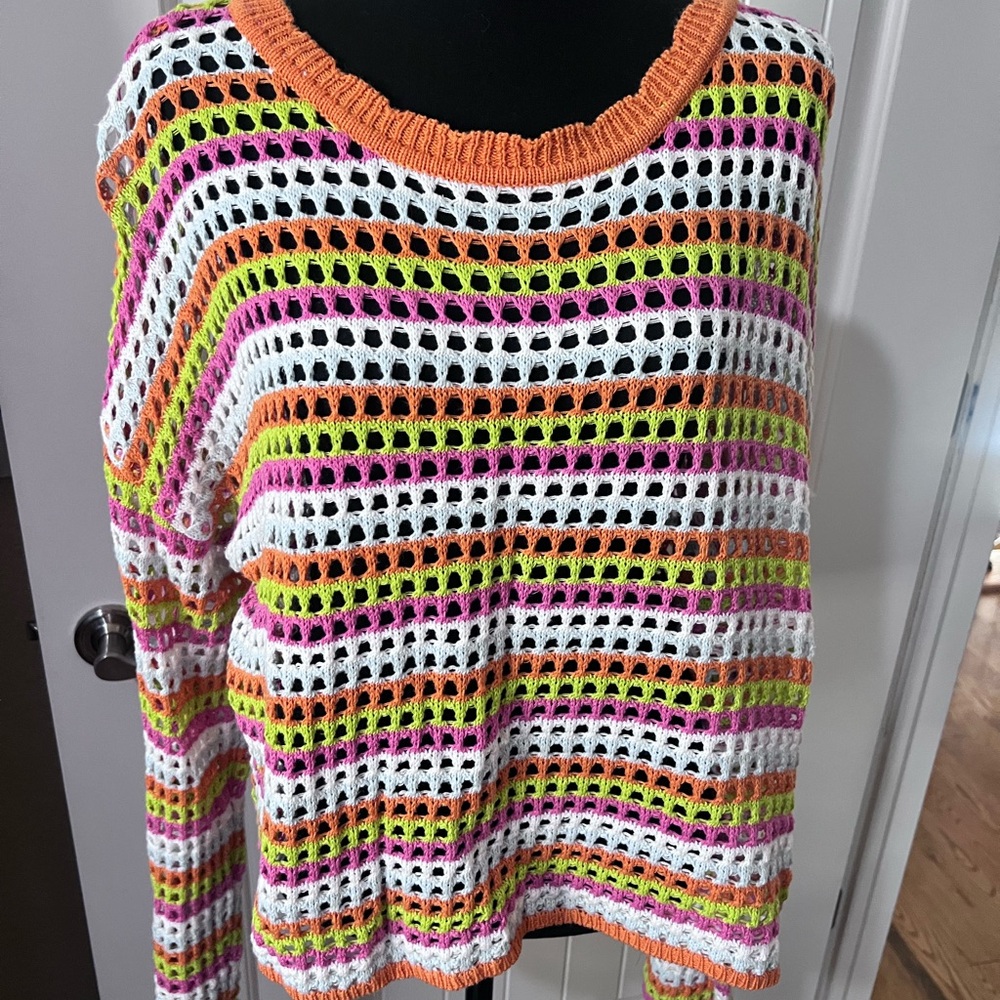Pink Lily Vibrant Striped Crochet Sweater